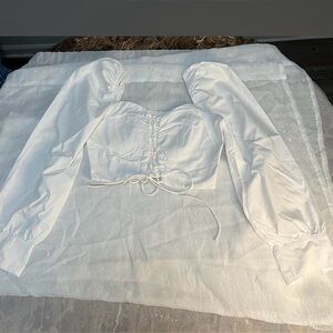 White Lace Up Corset Top Puff Sleeve Blouse Size L